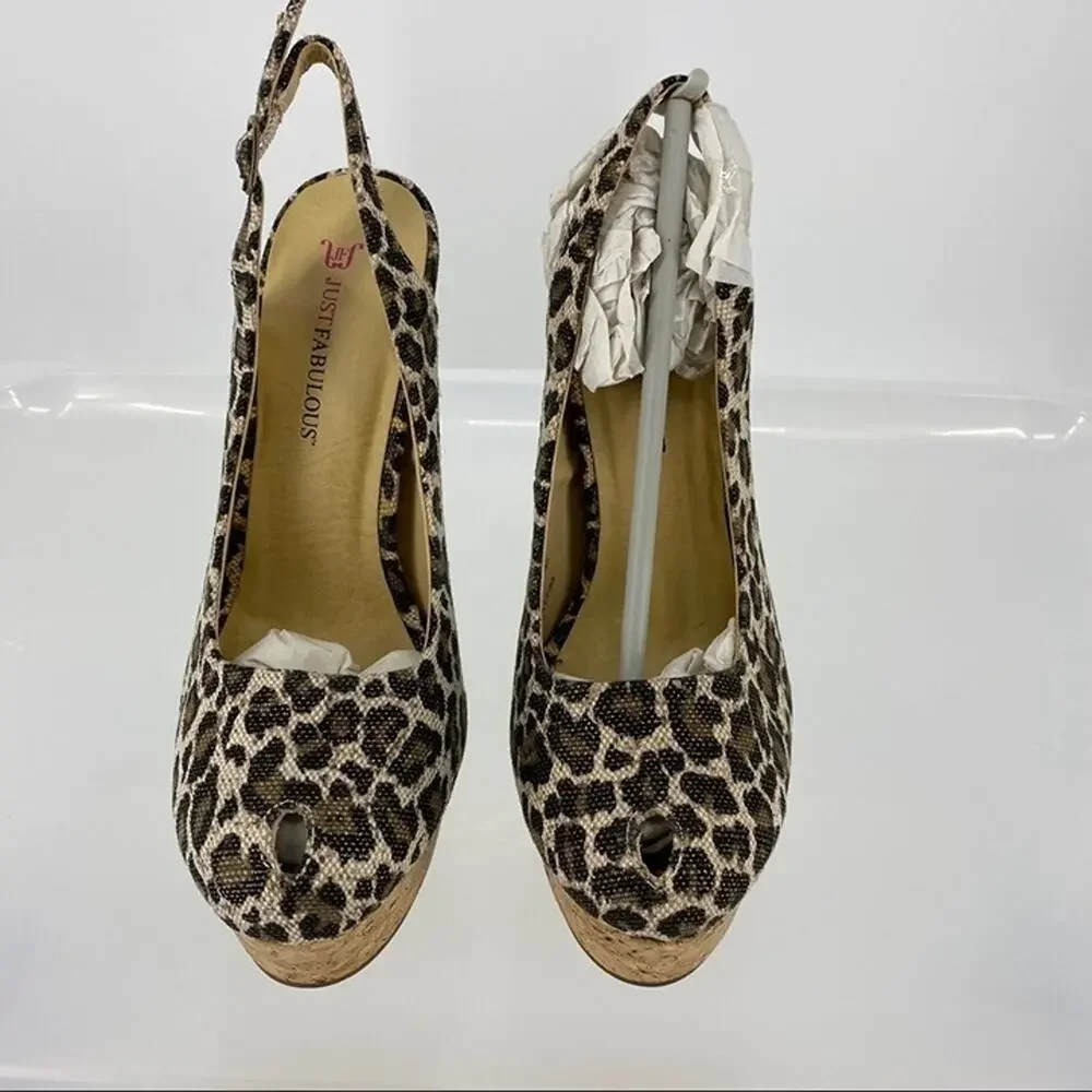 JustFab cheetah metallic cork sling back heels gold brown black buckle size 7.5